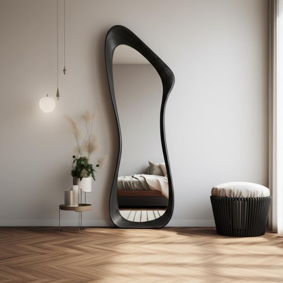 May include: A large, black, full-length mirror with an organic, flowing shape. The mirror leans against a white wall, reflecting a bedroom scene. A small side table with plants and candles sits nearby, along with a black stool with a white cushion.
