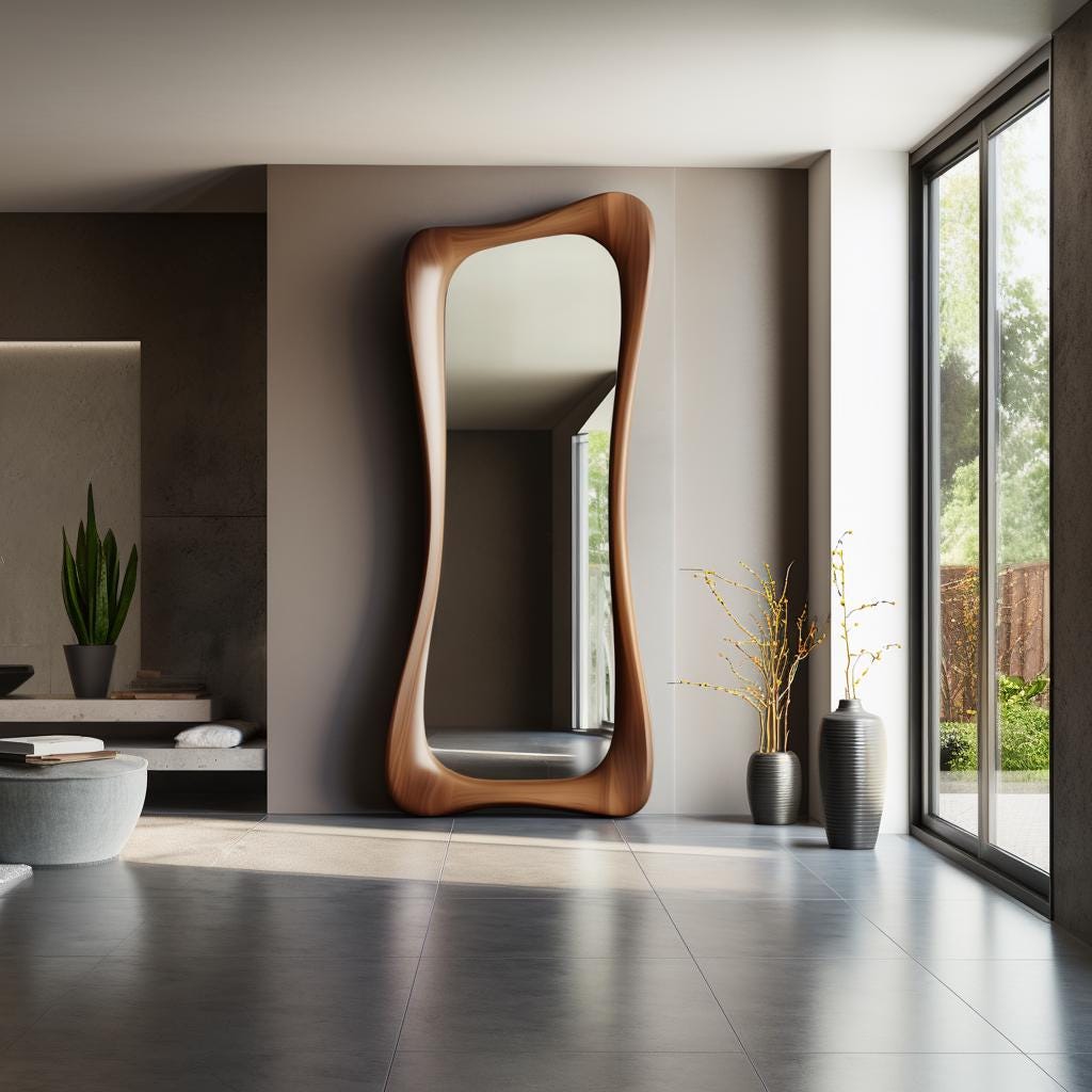May include: A large, free-standing, full-length mirror with a unique, organic shape. The mirror is framed in warm-toned wood and leans against a neutral-colored wall. The room features a modern design with natural light and minimalist decor.