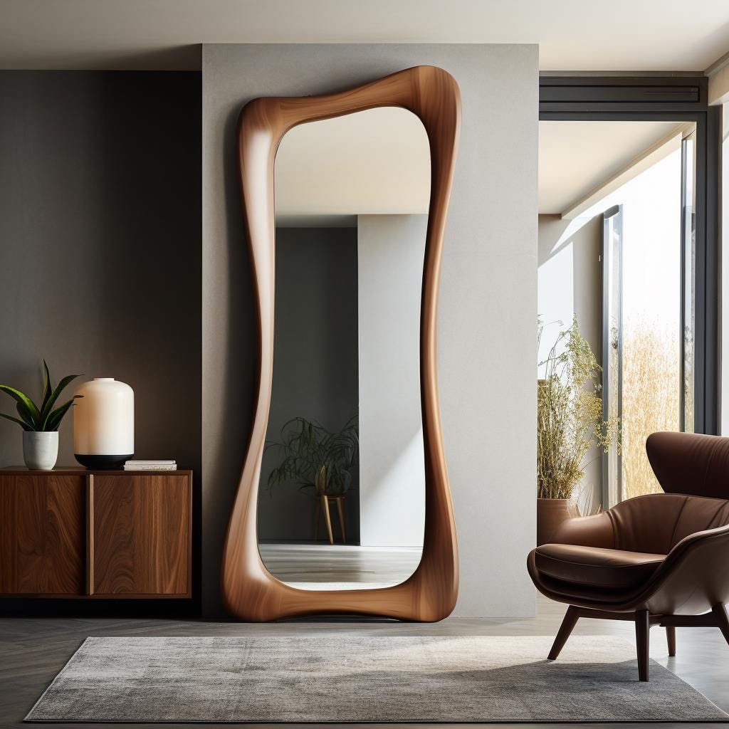 May include: A tall, wooden-framed mirror with a unique, flowing shape. The mirror is set against a neutral-colored wall, reflecting the room's interior. The frame is a warm, natural wood tone, adding a touch of elegance to the space. The mirror is a statement piece.