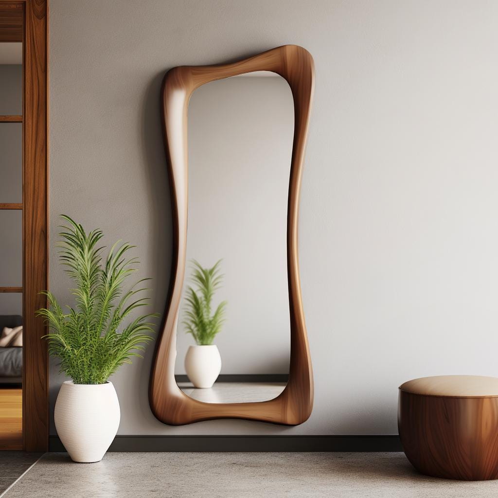 May include: A tall, wooden-framed mirror with a unique, flowing shape. The mirror is made of a warm-toned wood and leans against a light gray wall. The reflection shows a small plant in a white pot. A matching wooden stool with a tan cushion is also visible.