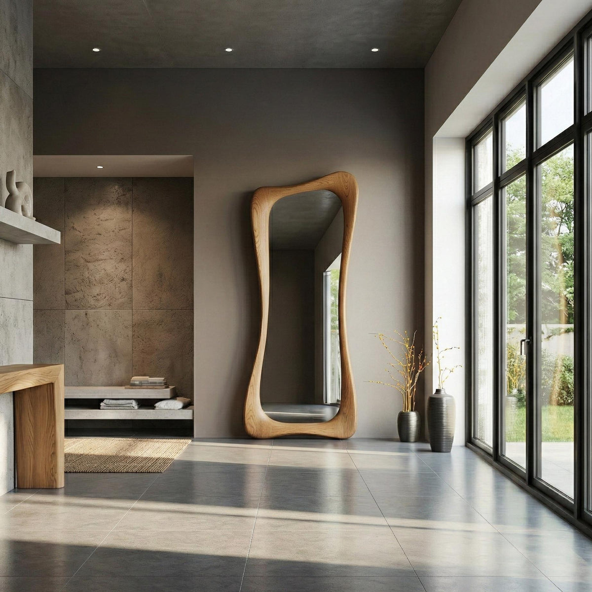 May include: A tall, wooden-framed mirror with an organic, flowing shape. The mirror is mounted on a neutral-toned wall in a modern interior space. The room features large windows, a gray tiled floor, and minimalist decor.