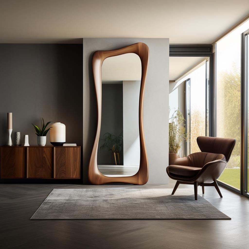 May include: A large, wooden-framed mirror with an organic, flowing shape. The mirror is tall and leans against a neutral-colored wall. The room features a wooden cabinet, a rug, and a leather armchair, creating a modern interior design.