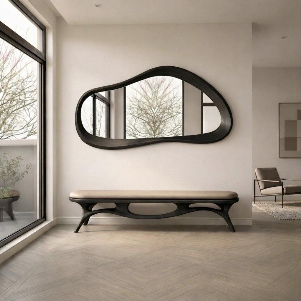 May include: A modern entryway featuring a large, organically shaped black mirror above a matching bench with a beige cushion. The room has a neutral color palette with a large window and a minimalist design.