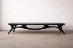 May include: A black, modern coffee table with an organic, sculptural design. The table features a long, oval top with curved legs and cut-out details. The table is approximately 72 inches long.