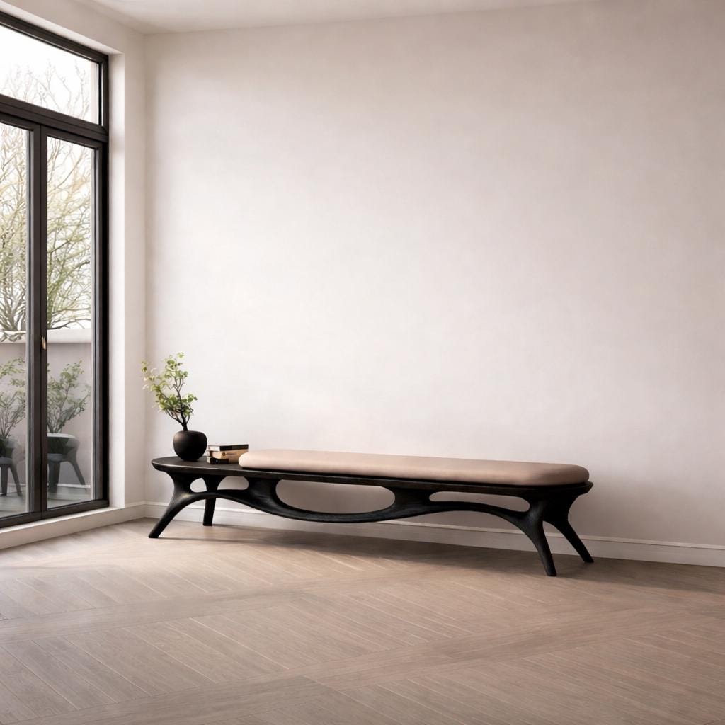May include: A dark brown bench with a beige cushion and an organic, open design. The bench has a curved shape and is placed in a room with a large window and hardwood flooring. A small black vase with greenery sits on the bench.