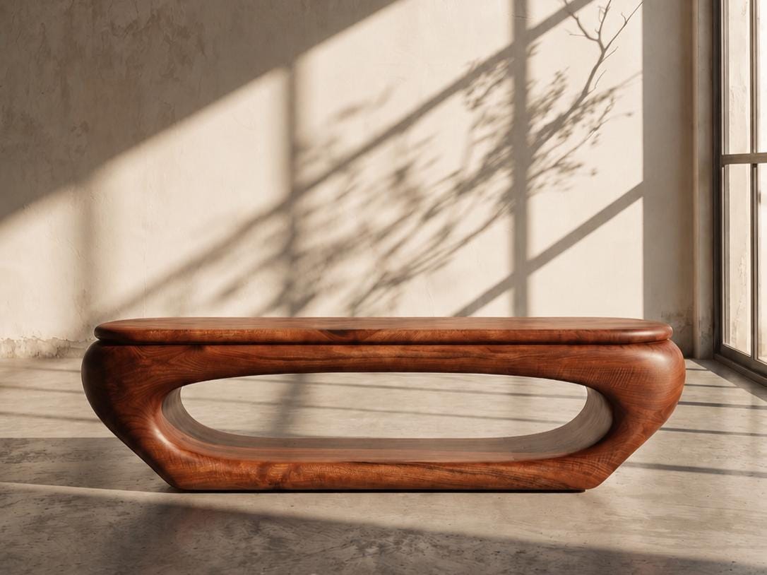 May include: A solid, wooden coffee table with a unique, curved design. The table is a warm, reddish-brown color and features an oval-shaped opening in the center. The table measures approximately 60 inches long and 20 inches wide.