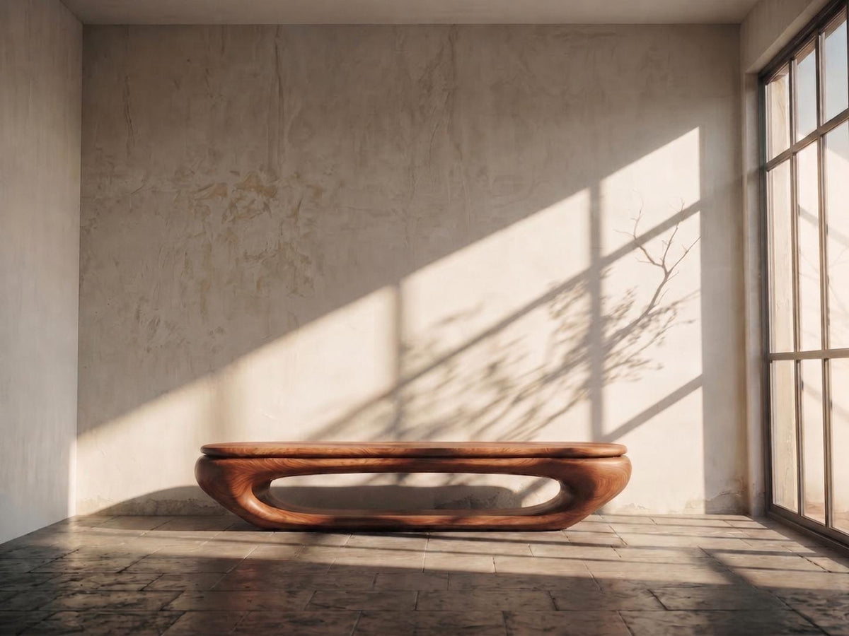 May include: A low, wooden bench with a curved design and a rich brown finish. The bench is the focal point of a sunlit room with a textured wall and a large window. The room's interior is minimalist and modern.