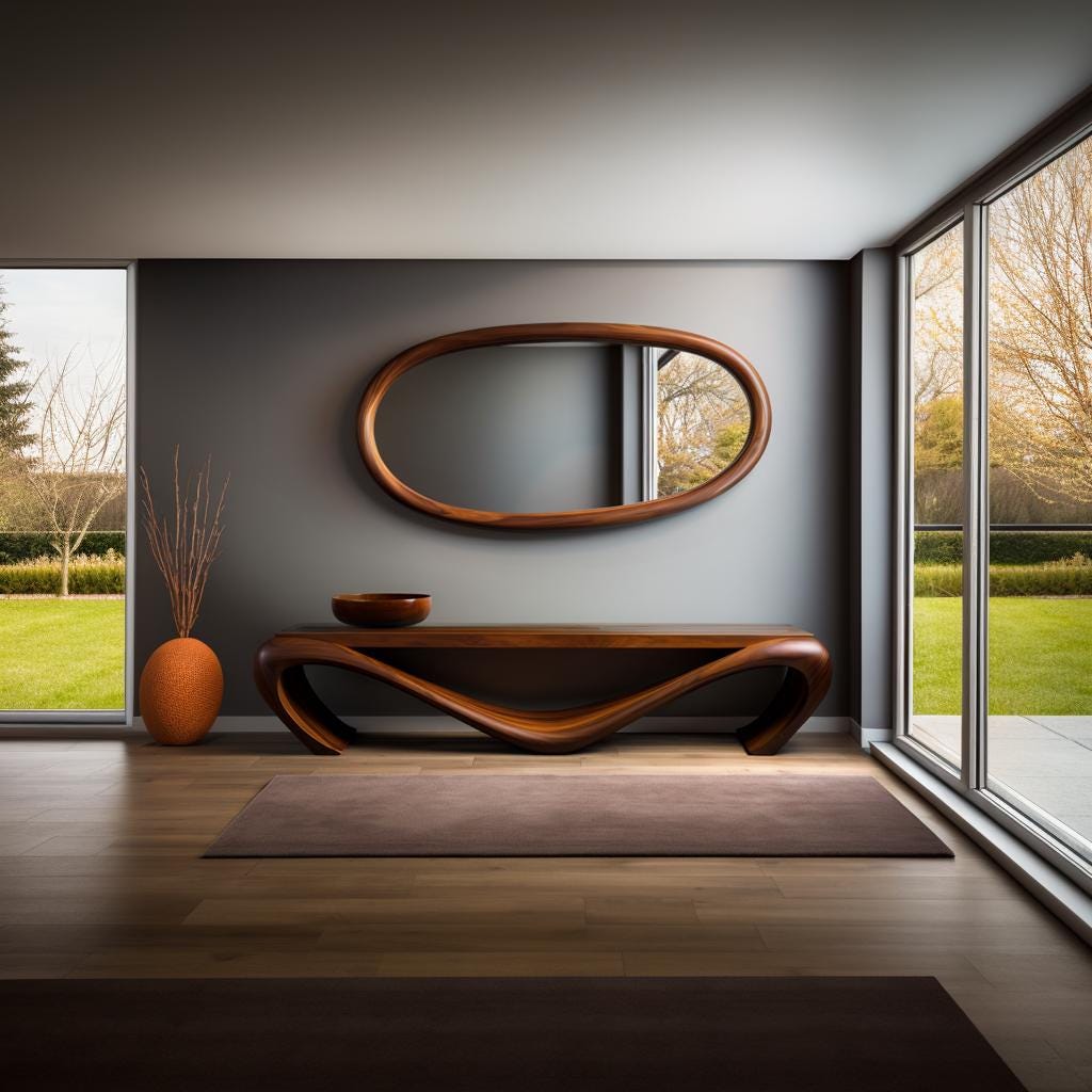 May include: A modern living room featuring a wooden console table with a unique, flowing design. Above it, an oval-shaped wooden mirror hangs on a gray wall. A brown rug and a decorative vase complete the scene.