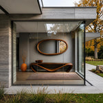 May include: An entryway featuring a modern wooden console table with a curved design, a matching oval mirror, and a decorative orange vase. The space is framed by large glass panels, with a view of a grassy lawn and trees.