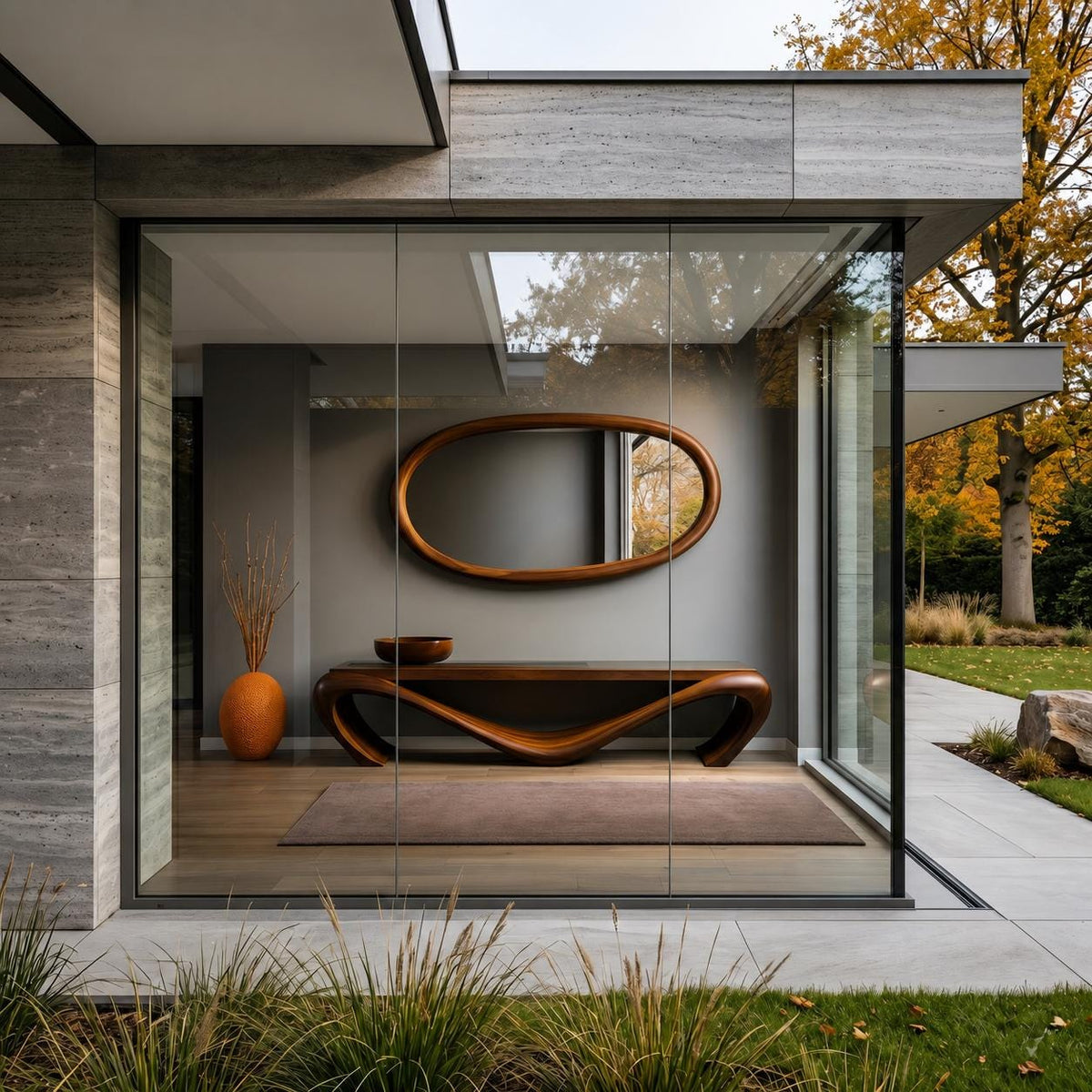 May include: An entryway featuring a modern wooden console table with a curved design, a matching oval mirror, and a decorative orange vase. The space is framed by large glass panels, with a view of a grassy lawn and trees.