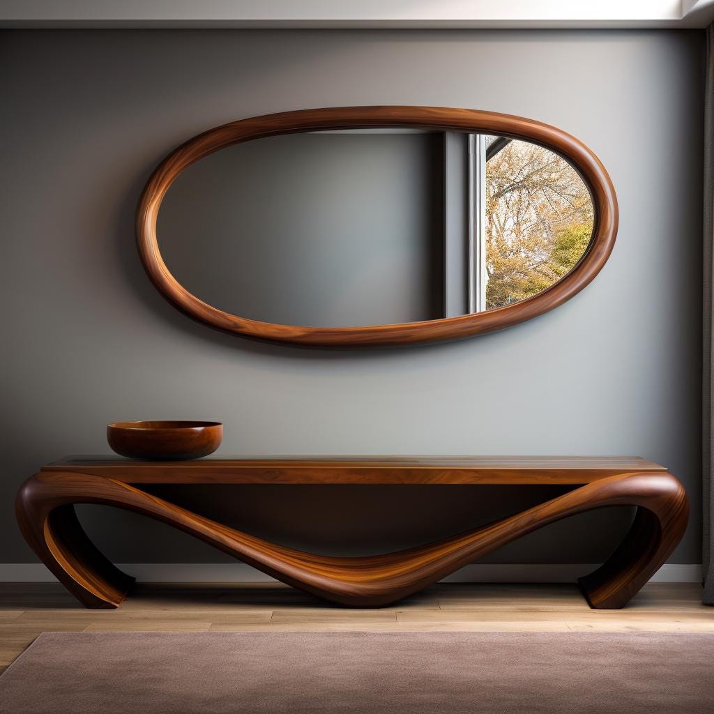 May include: A modern, oval-shaped wooden mirror hangs above a matching console table. The table features a unique, flowing design with curved legs. A small wooden bowl sits on the table's surface. The mirror reflects a view of trees.