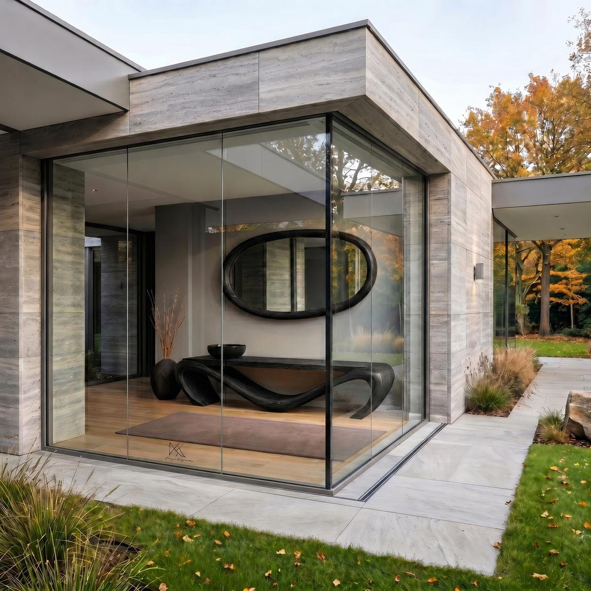 May include: Exterior view of a modern home with large glass windows. Inside, a dark console table with a unique, curved design is visible, along with a large oval mirror. The building features stone cladding and a minimalist aesthetic.