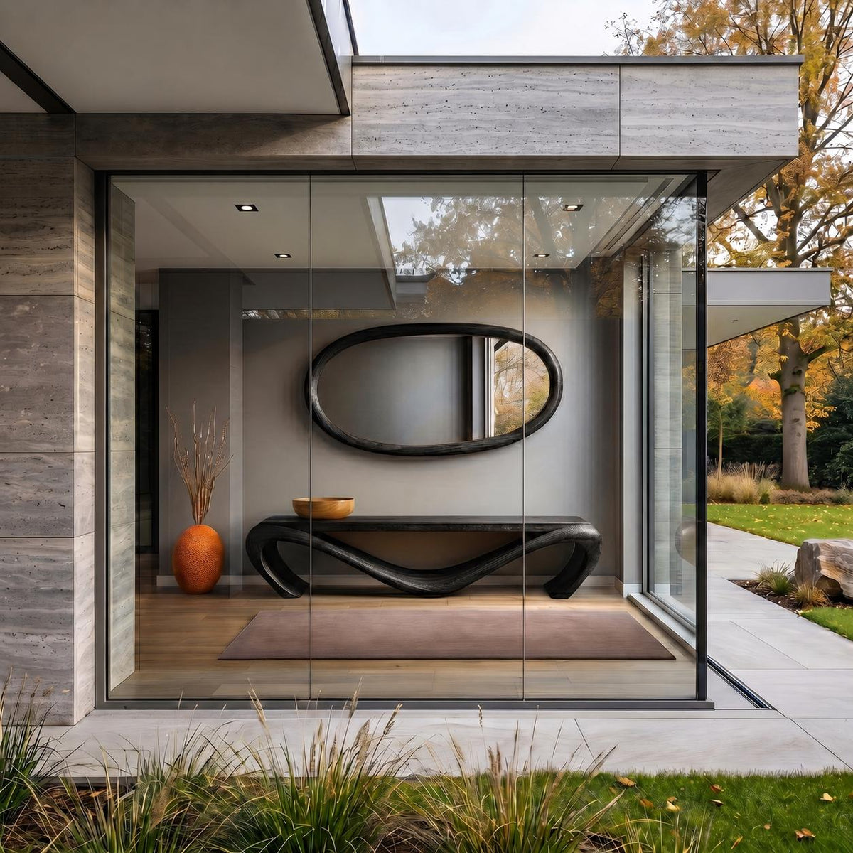 May include: An entryway featuring a modern, dark wood console table with a unique, curved design. Above the table hangs an oval mirror with a dark frame. An orange vase and a wooden bowl add color to the space. The room is enclosed by glass walls.