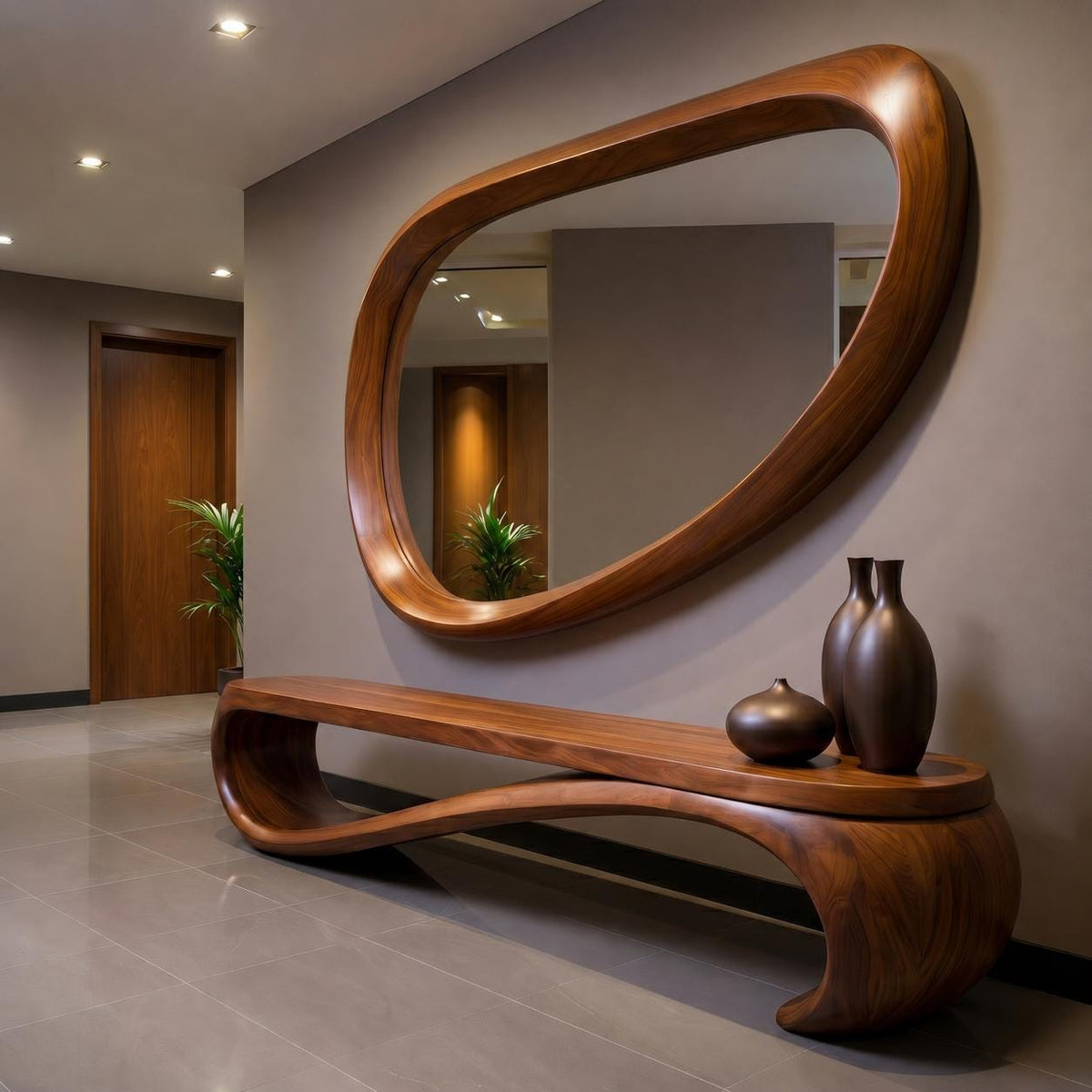 May include: A modern entryway featuring a large, oval-shaped wooden mirror and a matching bench. The bench has a curved design, and three dark brown vases sit on top. The walls are a neutral gray.