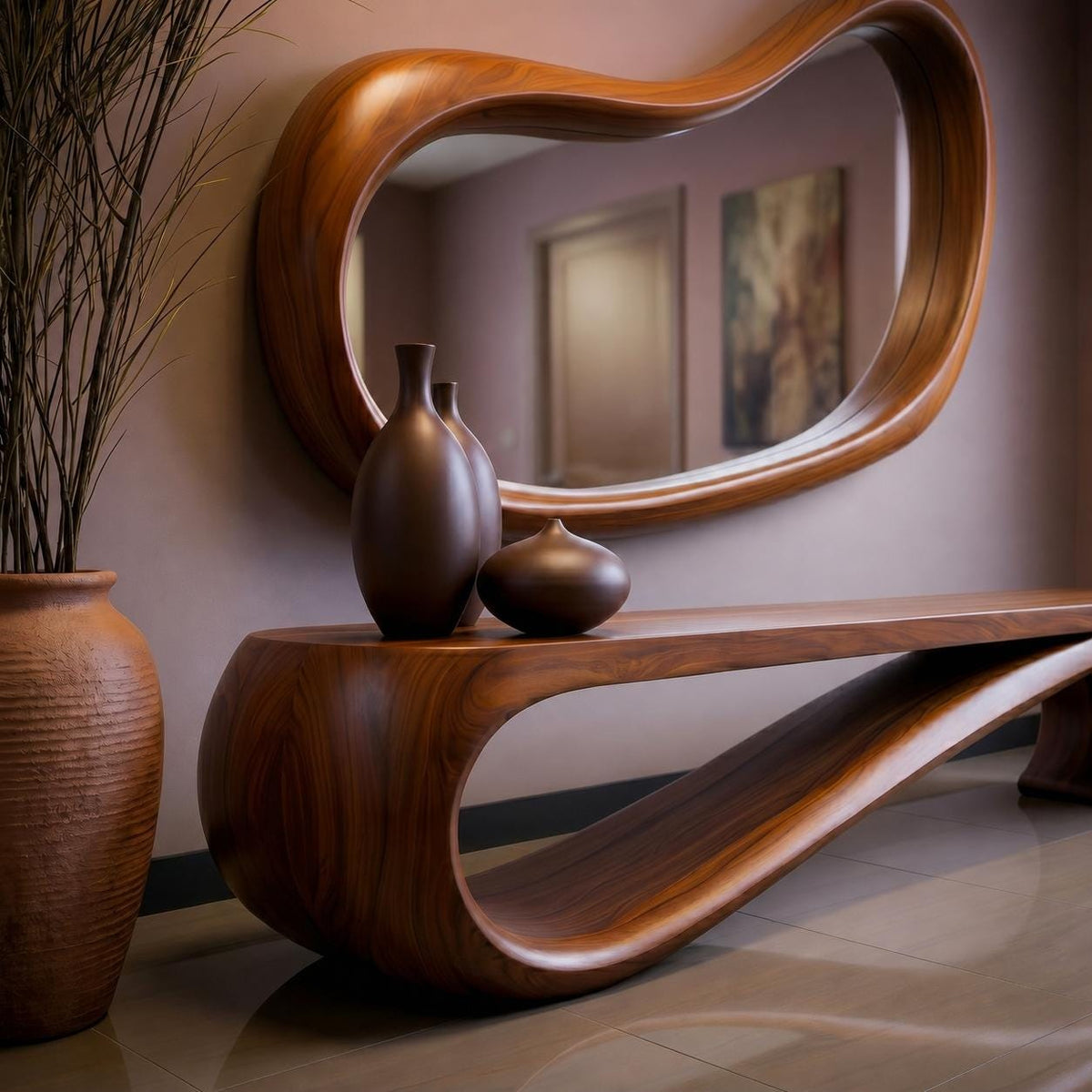 May include: A modern, wooden entryway set featuring a large, organically shaped mirror and a matching console table. The table has a unique, curved design, and is adorned with three brown decorative vases. The room has a warm, inviting atmosphere.