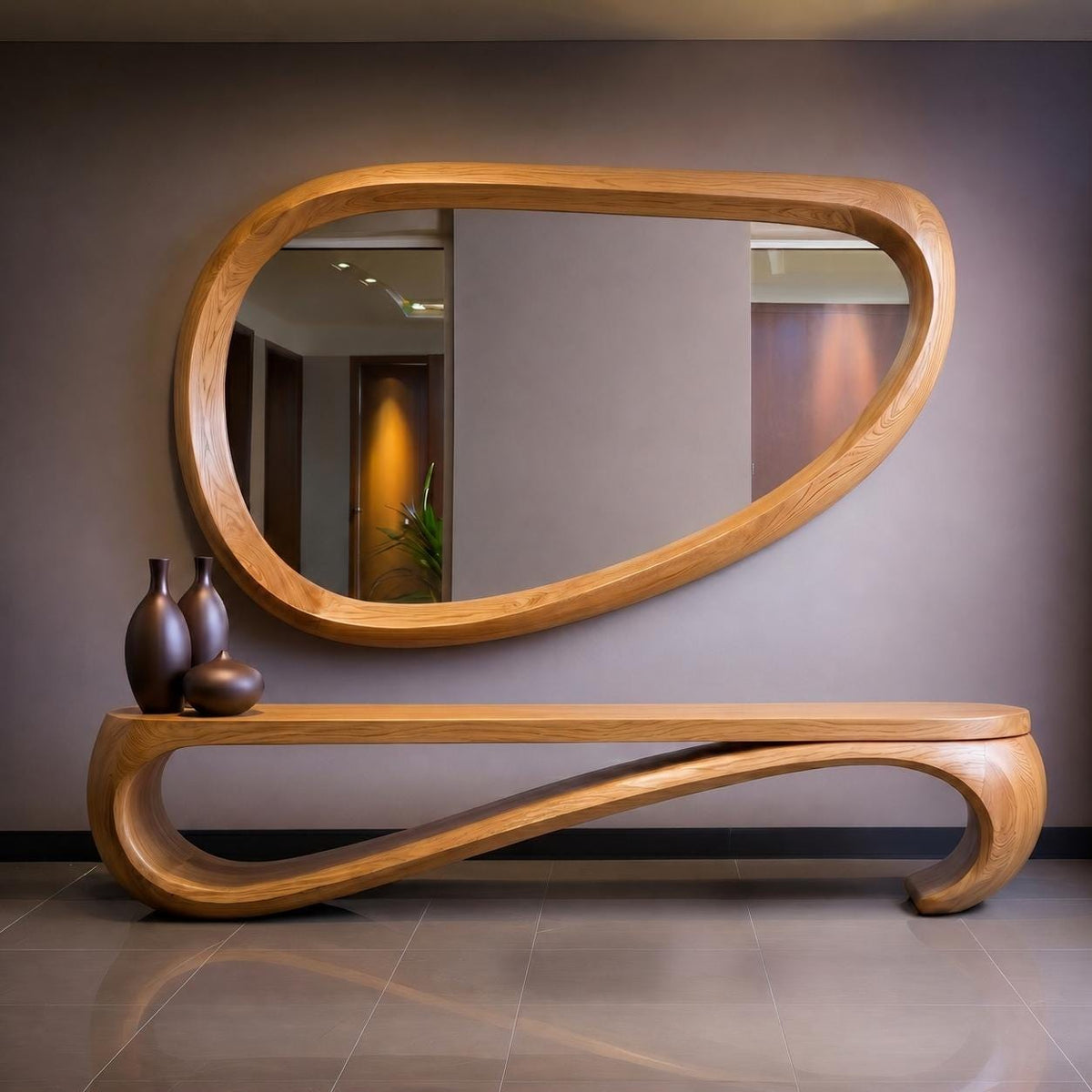 May include: A modern wooden console table and matching mirror set. The table has a curved, flowing design with a smooth, light brown finish. The mirror is oval-shaped with a thick wooden frame. Three brown decorative vases sit on the table.