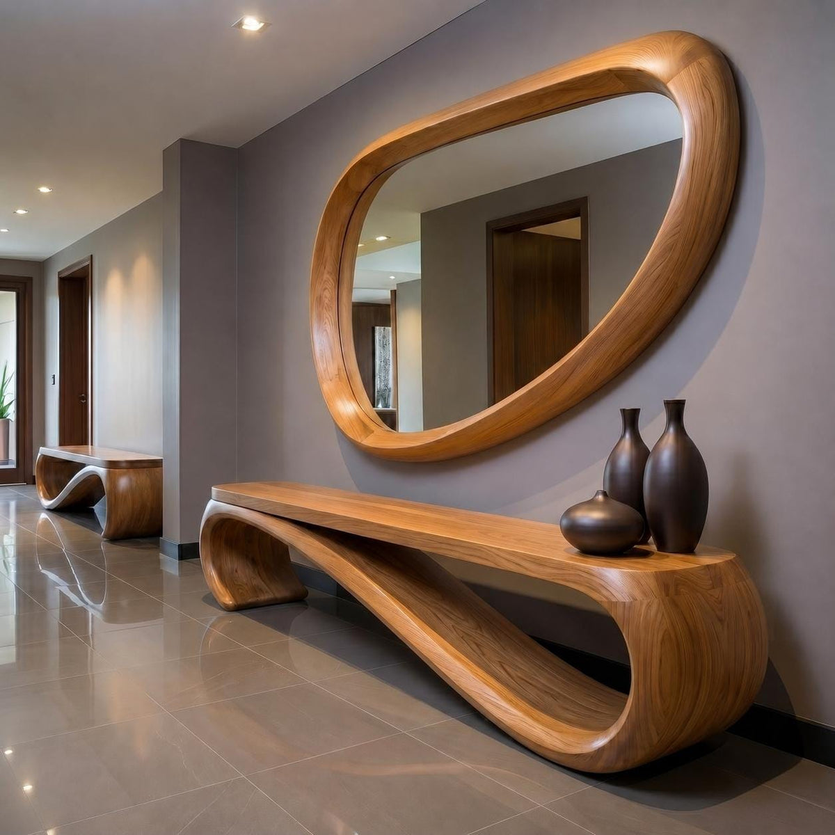 May include: A modern entryway featuring a large, oval-shaped wooden mirror and a matching bench with a unique, flowing design. The bench supports three dark brown vases. The floor is tiled, and the walls are painted a neutral gray.