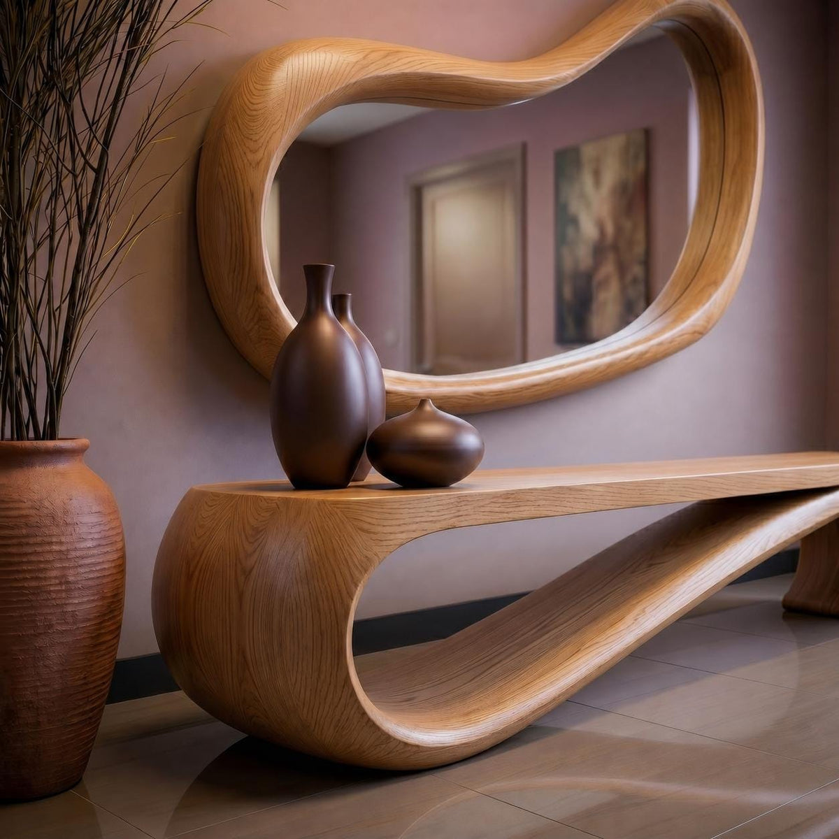 May include: A modern wooden console table with a unique curved design, featuring a large, organically shaped mirror above. The table holds three brown decorative vases. The room has a neutral color palette with a large vase on the left.