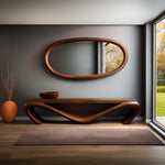 May include: A modern living room setup featuring a wooden console table with a curved design, a matching oval mirror, and a small wooden bowl. An orange vase with dried branches and a brown rug complete the decor.