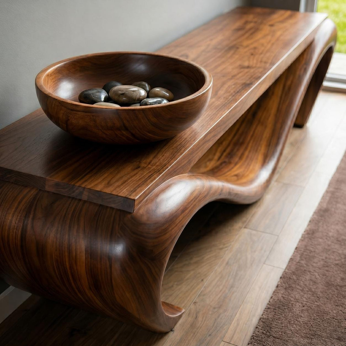 May include: A dark brown wooden console table with a curved design. A wooden bowl filled with smooth, dark stones sits on top. The table has a smooth, polished finish and a modern aesthetic.