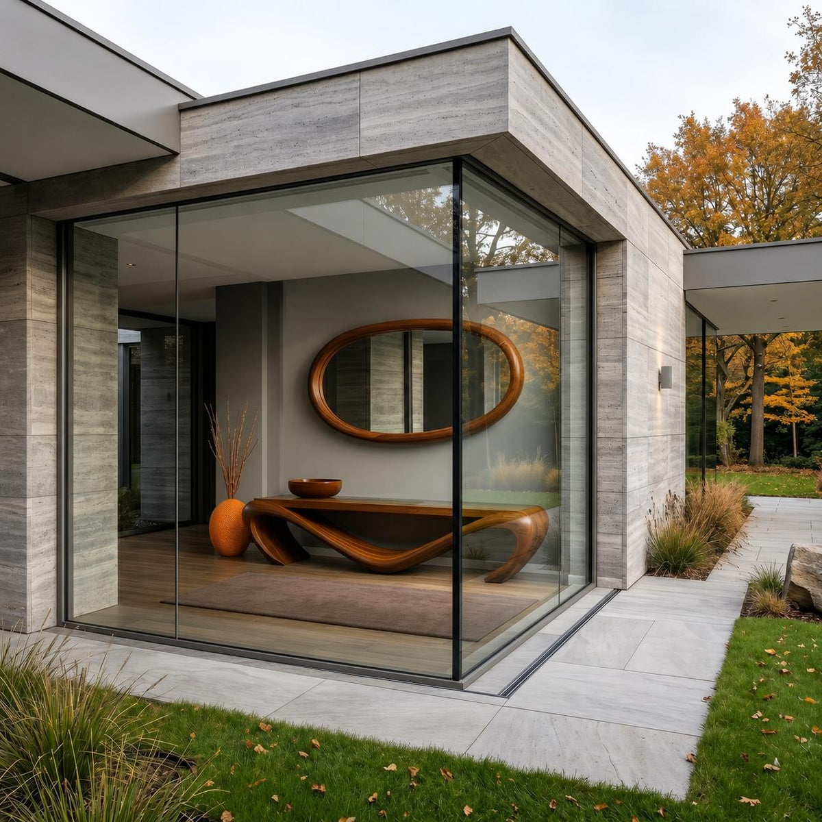 May include: Exterior view of a modern home with large glass windows. Inside, a wooden console table with a unique curved design is visible, along with an oval mirror and an orange vase. The building has gray stone walls and a grassy lawn.