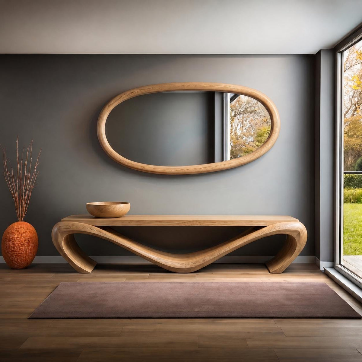 May include: A modern living room setup featuring a large, oval wooden mirror above a matching console table. A wooden bowl sits on the table. A brown rug and an orange vase with dried branches complete the decor. The room has a neutral color palette.