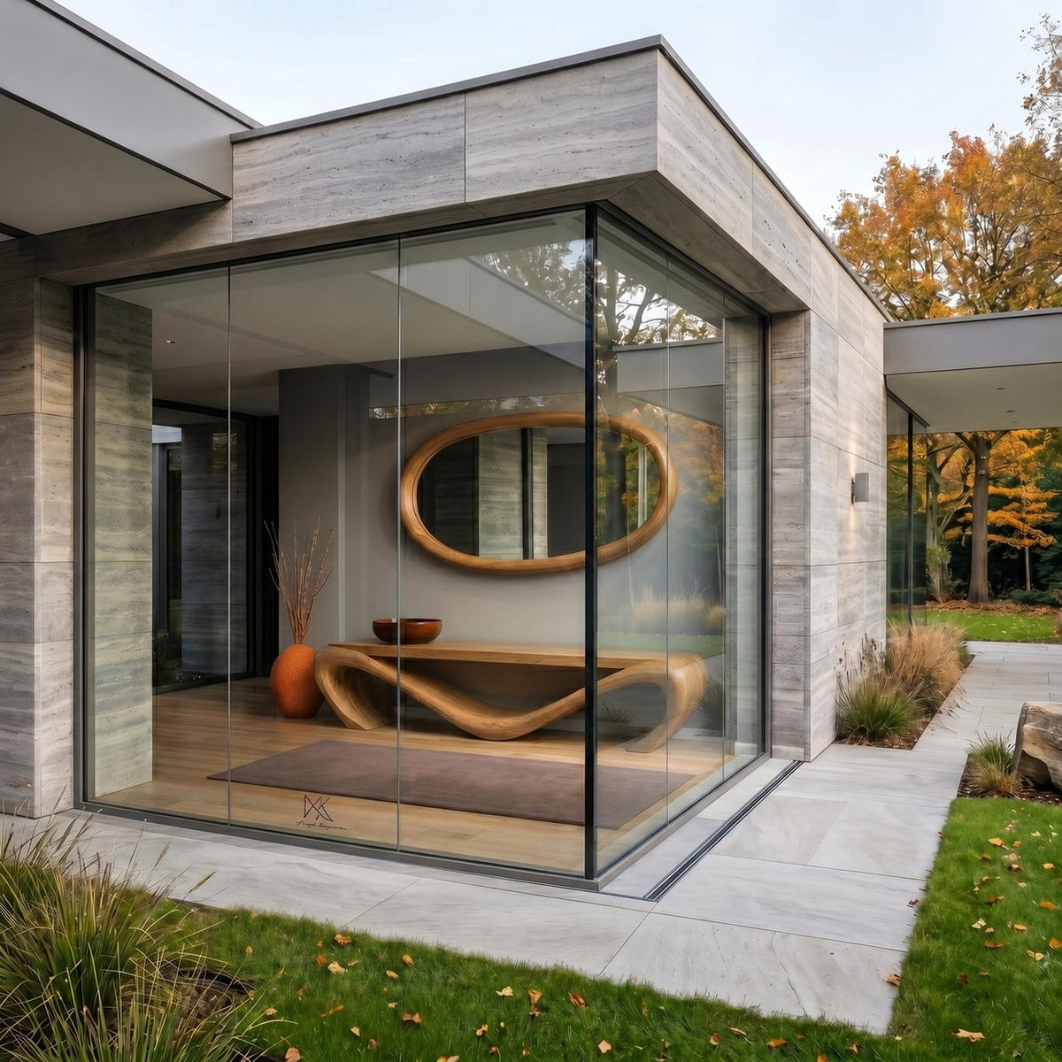 May include: Exterior view of a modern home with large glass windows. Inside, a wooden console table, a decorative mirror, and an orange vase are visible. The building has a stone facade and is surrounded by greenery.