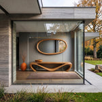May include: A modern entryway featuring a wooden console table with a unique, curved design. Above the table is an oval-shaped wooden mirror. An orange vase and a small wooden bowl are also visible. The room is enclosed by glass walls.