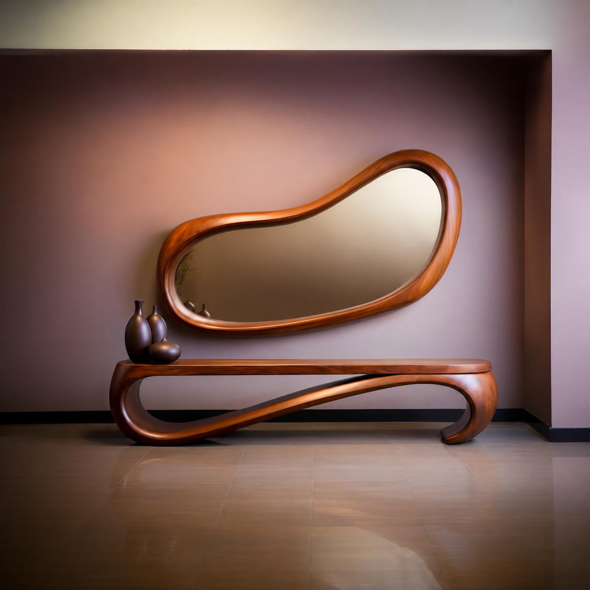 May include: A modern, wooden console table with a matching, organically shaped mirror. The mirror and table are made of a warm-toned wood. Two dark brown decorative vases sit on the table.