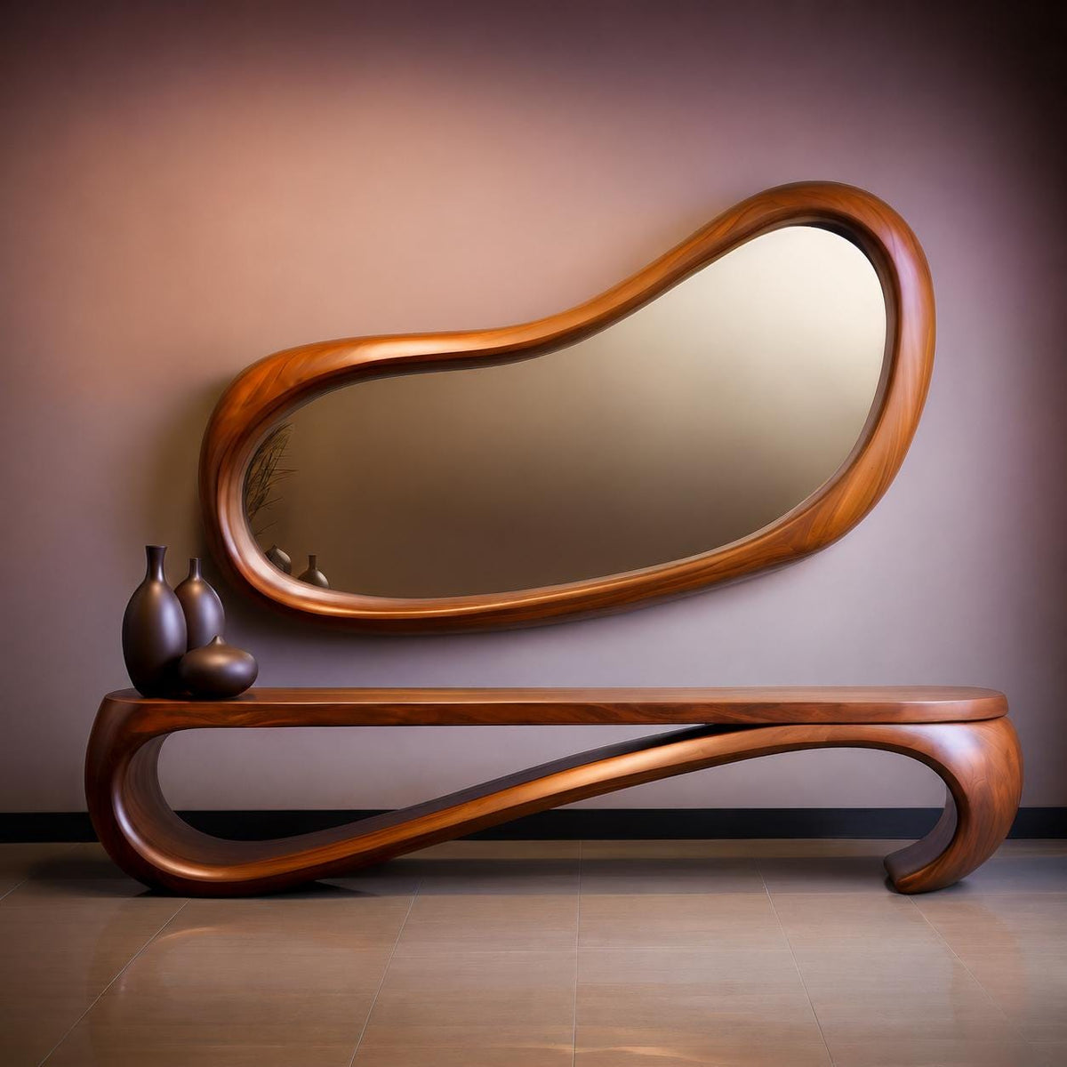 May include: A modern wooden console table with a matching, organically shaped mirror. The mirror and table are made of a warm-toned wood. Three dark brown decorative vases sit on the table.