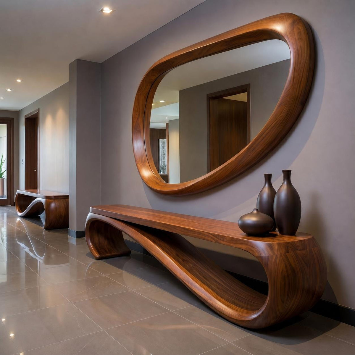 May include: A modern entryway featuring a large, oval-shaped wooden mirror and a matching bench. The bench has a unique, flowing design. Three dark brown vases sit on the bench. The walls are painted a neutral gray.