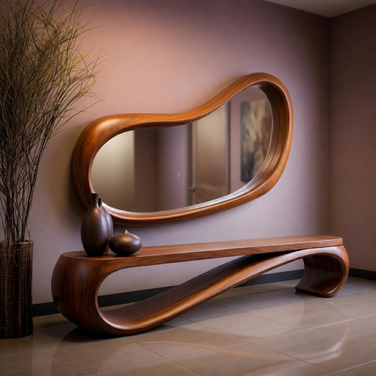 May include: A modern, wooden entryway set featuring a large, organically shaped mirror and a matching bench. The mirror and bench are a warm brown color. Two dark brown vases sit on the bench, and a tall plant is in a vase to the left.