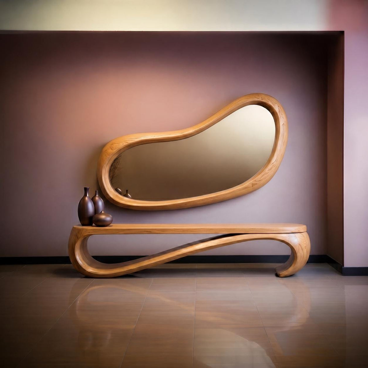 May include: A modern wooden console table and mirror set. The mirror has an organic, asymmetrical shape with a light brown wooden frame. The console table below has a matching design. Decorative brown vases sit on the table.