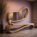 May include: A modern, wooden console table and mirror set. The mirror has an organic, flowing shape, and the table features a curved design. Two decorative vases sit on the table. The wood has a light, natural finish.
