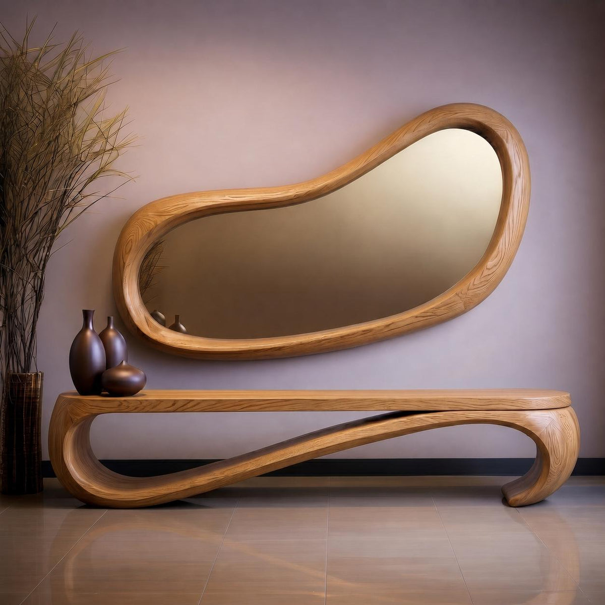 May include: A modern, organic-shaped wooden mirror with a matching bench. The mirror has a light brown, curved frame and a reflective surface. The bench features a unique, flowing design. Decorative brown vases are on the bench.