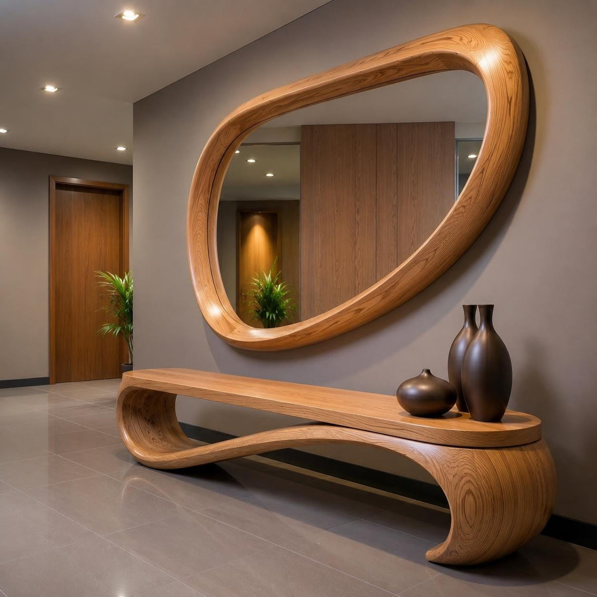 May include: A modern entryway featuring a large, oval-shaped wooden mirror with a matching bench. The bench has a unique, curved design. Two dark brown vases and a small round vase sit on the bench. The walls are a neutral color.