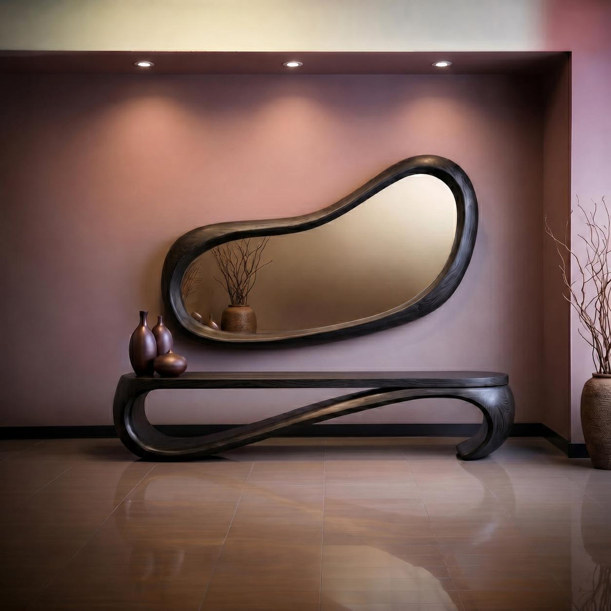 May include: A large, dark-framed mirror with an organic shape hangs above a matching dark wood console table. The table has a curved design. Decorative vases and a small pot with branches are on the table. The wall is painted a muted pink.