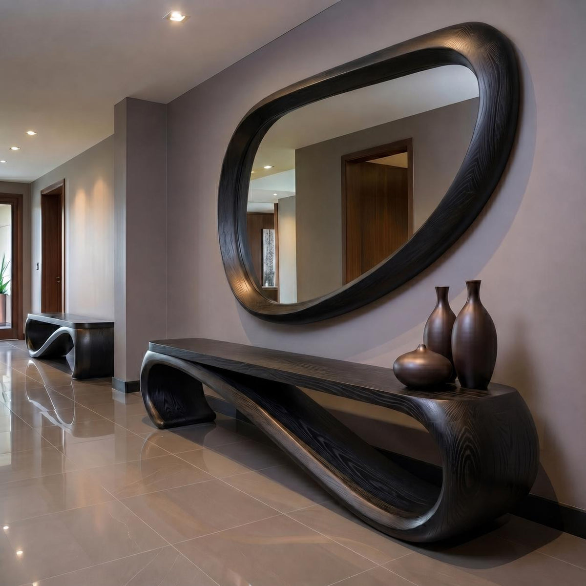 May include: A modern entryway featuring a large, oval-shaped mirror with a dark wood frame. Below the mirror is a matching dark wood console table with a curved design. Three brown vases sit on the table. A matching bench is in the background.