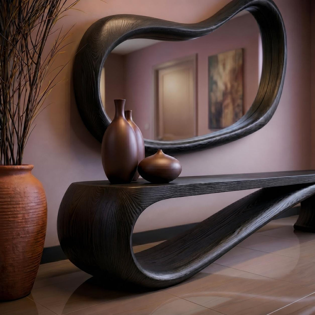 May include: A modern entryway featuring a dark wood console table with a unique curved design, topped with brown ceramic vases. Above, a large, organically shaped mirror reflects the room. A terracotta vase with dried branches is on the left.