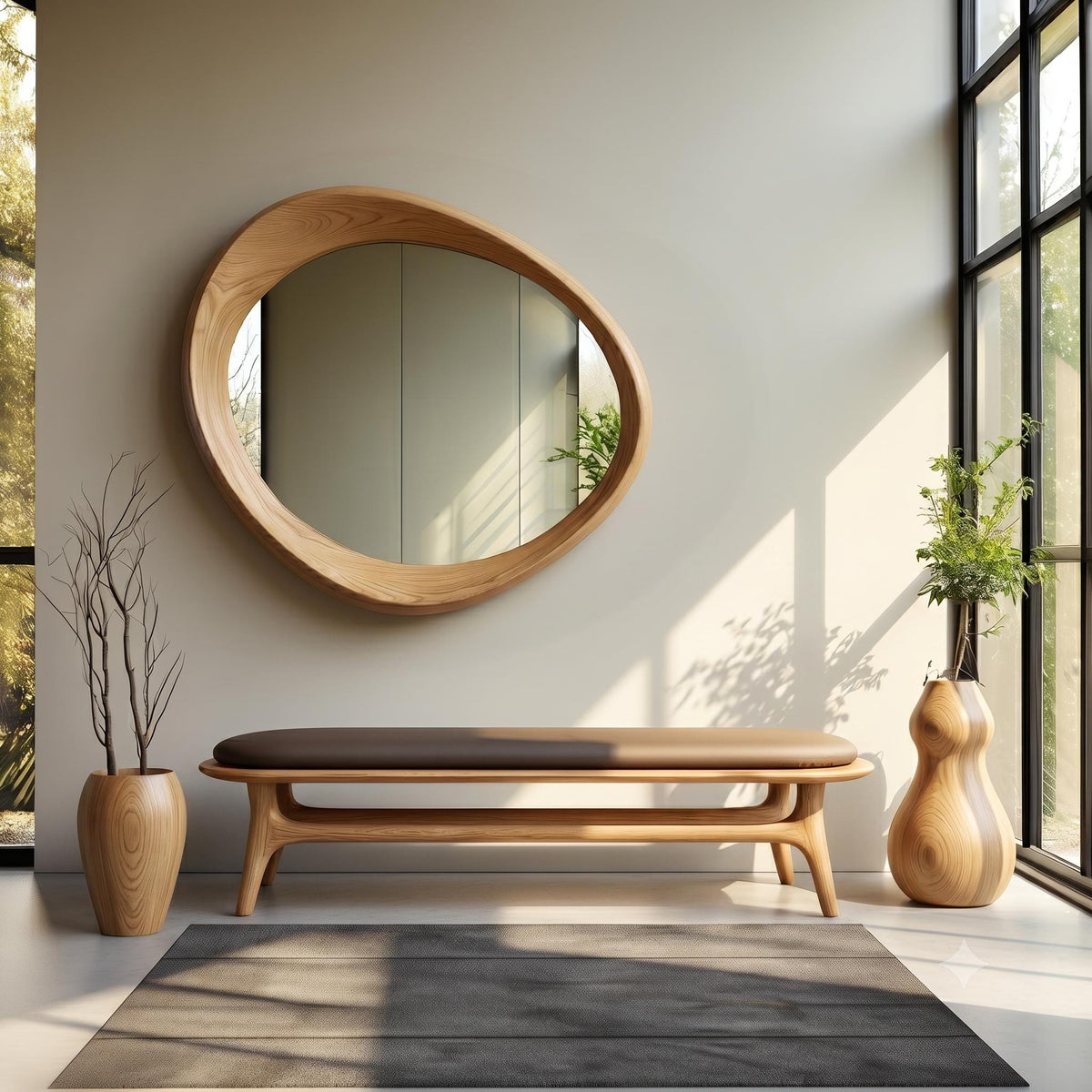 May include: An oval-shaped wooden mirror with a thick, natural grain frame hangs above a low wooden bench featuring a dark brown upholstered seat. Flanking the bench are two light-colored wooden vessels, one containing bare branches and one with a green plant.