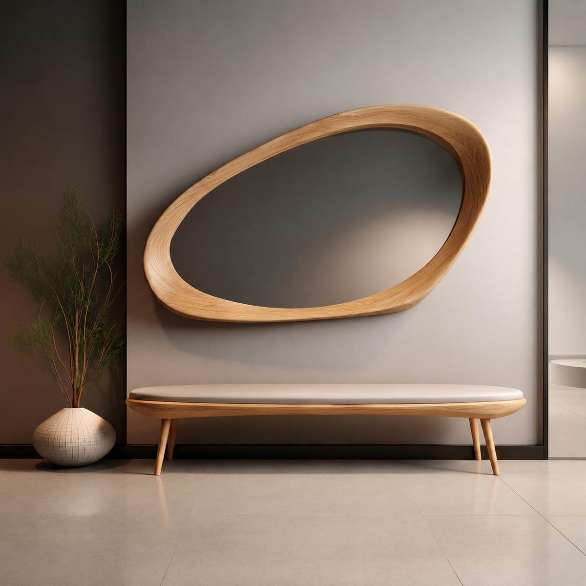 May include: An oval-shaped wall mirror with a thick, light-toned wooden frame featuring an irregular, organic silhouette. Below the mirror sits a long, low-profile bench with a light-colored upholstered seat and four tapered wooden legs.