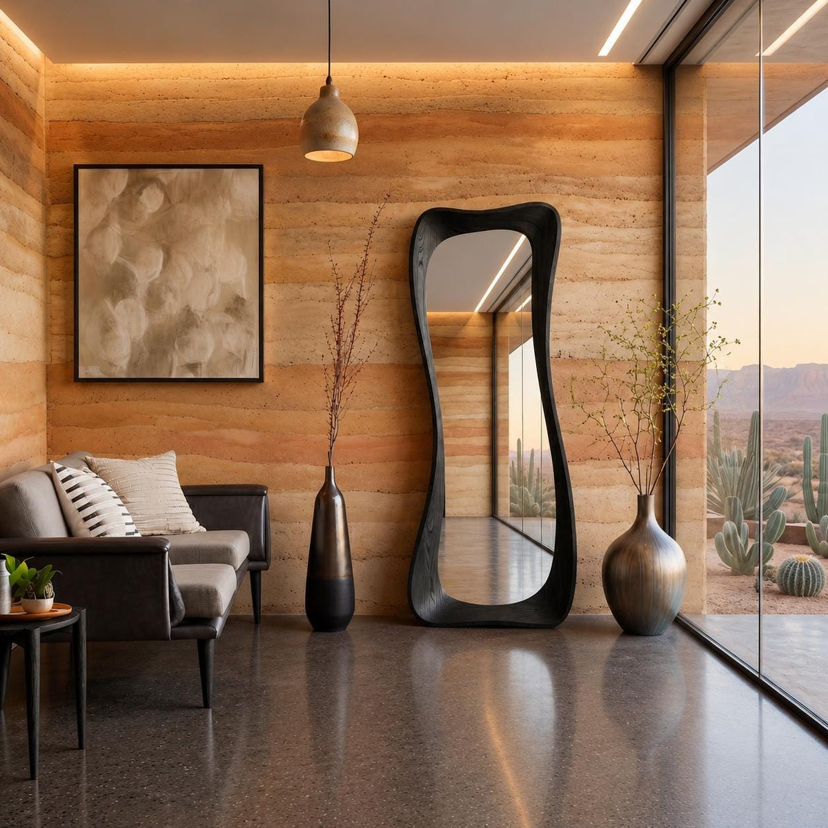 May include: A tall, full-length floor mirror with a dark, organic, wavy wooden frame. The mirror features a fluid, asymmetrical shape that stands upright against a textured, layered earth-toned wall, reflecting the interior space and light.