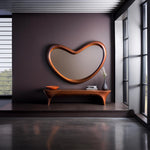 May include: A kidney-shaped wall mirror with a polished wooden frame mounted above a matching wooden bench. The bench holds an orange bowl, a small stack of books, and a dark gray vase containing a single sprig of dried flowers.