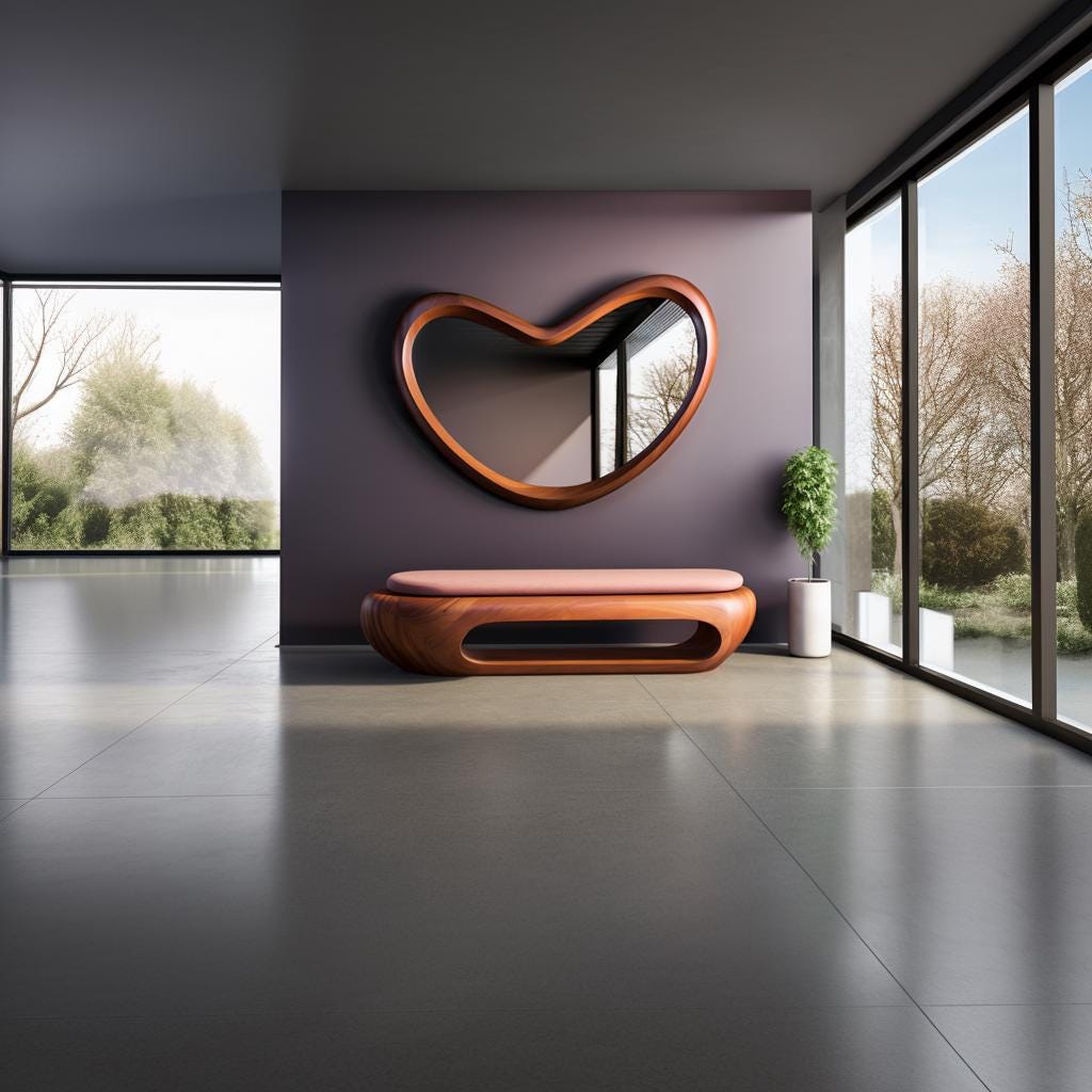 May include: A heart-shaped wall mirror with a smooth wooden frame mounted above a low wooden bench featuring a soft pink upholstered seat. The bench has a rounded, hollow base design, and a small potted green plant sits beside it.