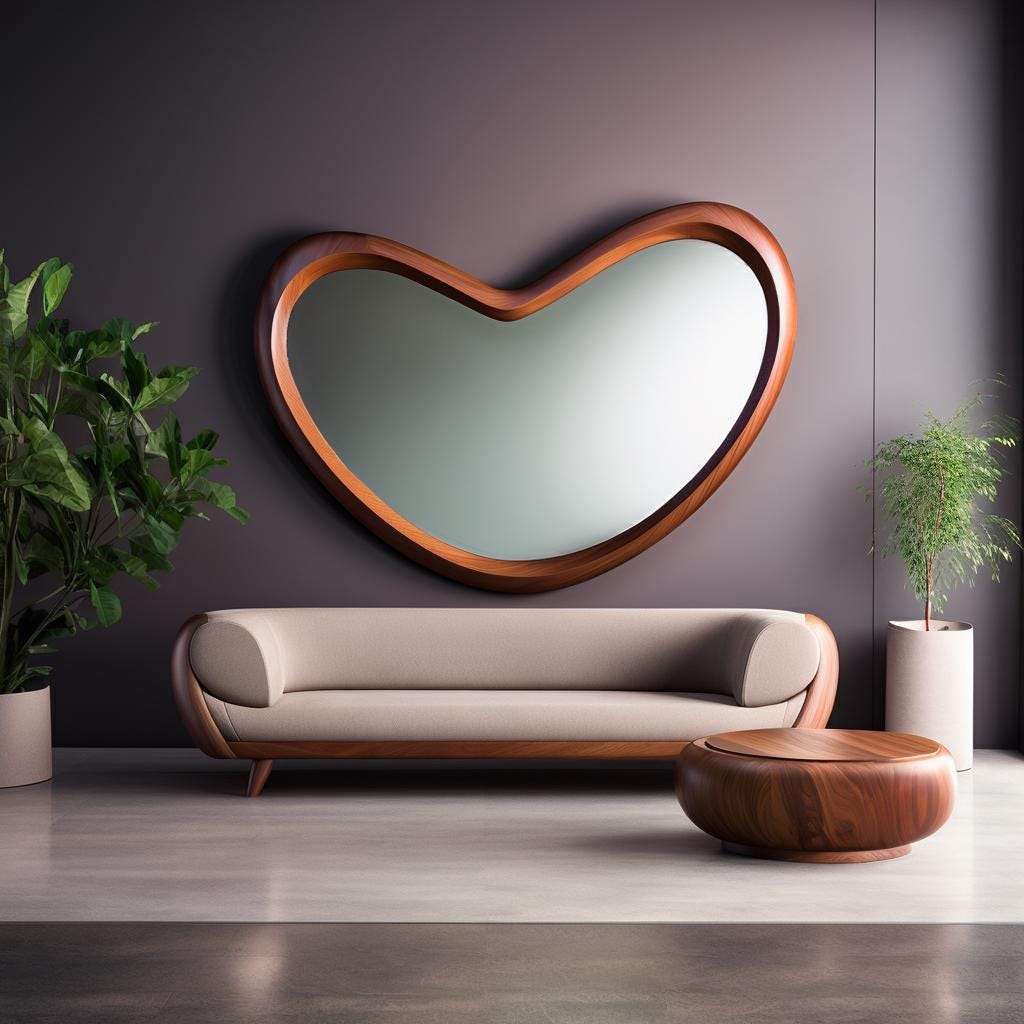 May include: A large, heart-shaped wall mirror with a polished dark wood frame, positioned above a beige upholstered sofa with rounded wooden armrests and a matching low, circular wooden coffee table on a smooth, light-colored floor surface.