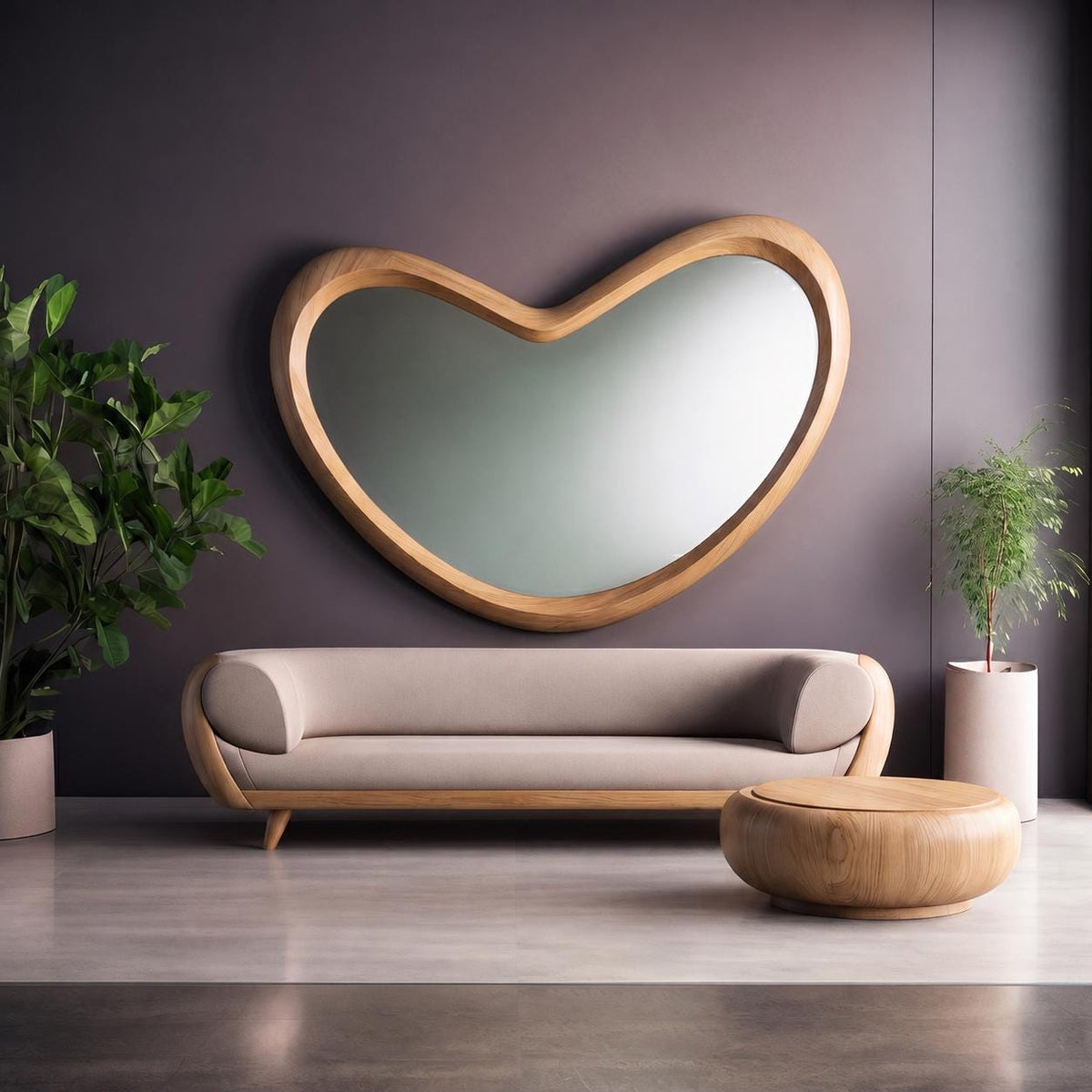 May include: A large, irregular, heart-shaped wall mirror with a thick, light-toned wooden frame. Below it sits a long, beige upholstered sofa with rounded wooden armrests and a matching low, circular wooden coffee table on a smooth floor.