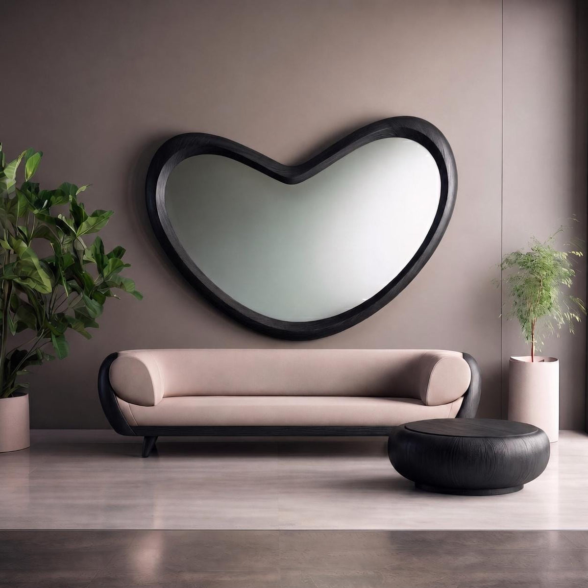 May include: A large, black, heart-shaped wall mirror hangs above a light beige sofa with rounded black armrests. A low, round, black coffee table sits in front of the sofa. Two potted green plants are positioned on either side of the furniture.