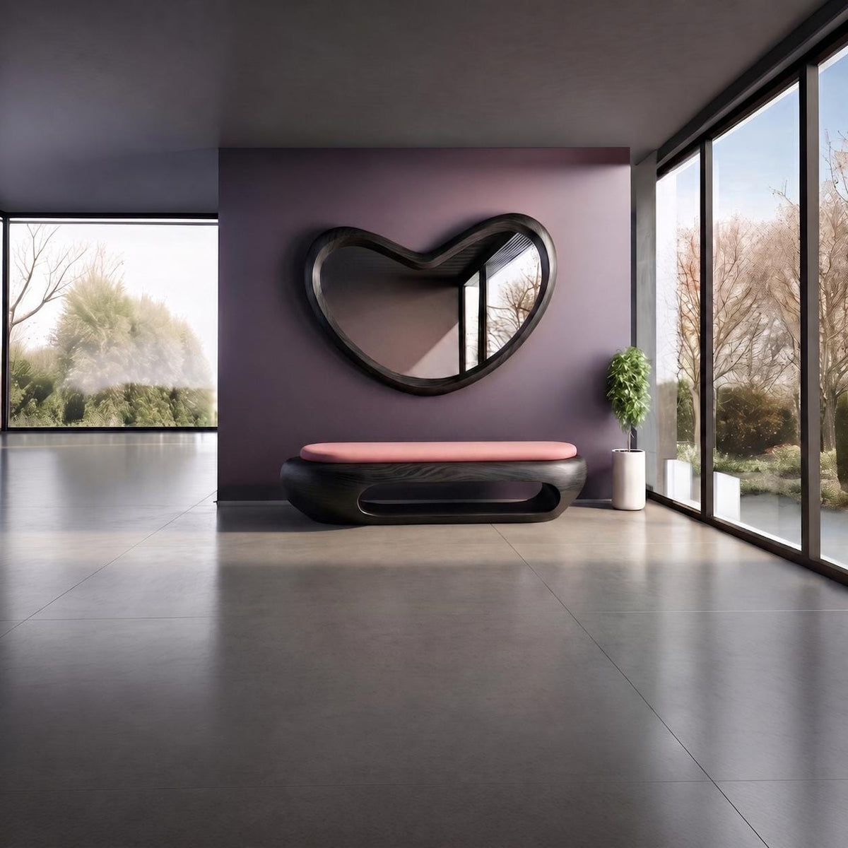 May include: A heart-shaped wall mirror with a thick black frame mounted on a dark purple wall above a low black bench featuring a soft pink cushion. The bench has a hollow center and sits on a smooth gray floor in a room with large glass windows.