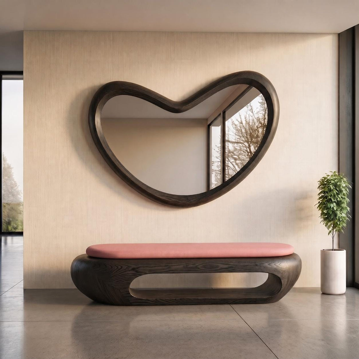 May include: A dark wood wall mirror with an irregular, organic bean-like shape and a matching dark wood bench featuring a smooth, rounded base with a central cutout and a long, rectangular, soft pink upholstered seat cushion on top.