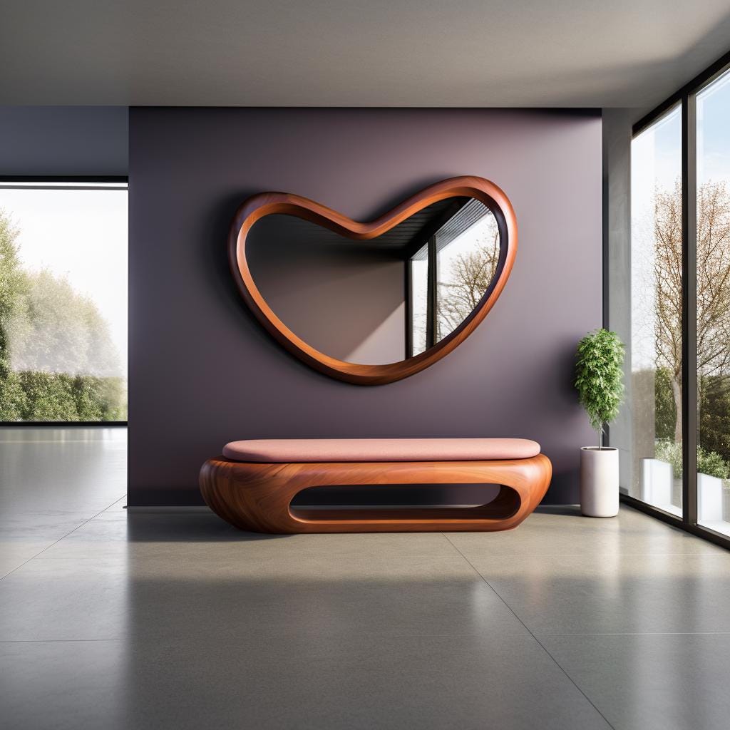 May include: A wall-mounted mirror with a smooth, organic, heart-shaped wooden frame positioned above a low, rectangular wooden bench. The bench features a soft, light pink upholstered seat cushion and a hollow, rounded base design.